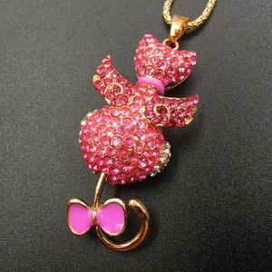 Pink Rhinestone Cat with Wings Necklace